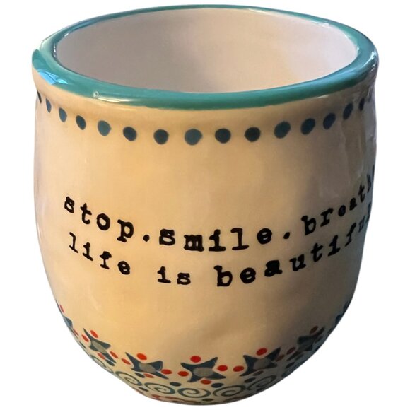 NATURAL LIFE Stoneware Cup Stop Smile Breathe Life Is Beautiful Boho Floral Gift - Picture 2 of 14